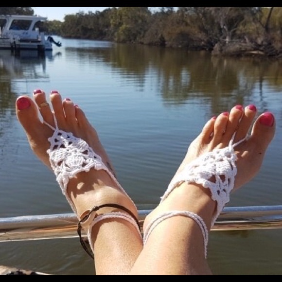 NEW PAIR White Handmade Barefoot Crochet Anklet - Picture 2 of 3